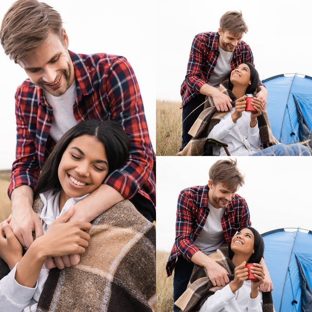 Collage of smiling man covering with blanket african american woman with cup near tent on blurred background outdoors  - Photo, Image