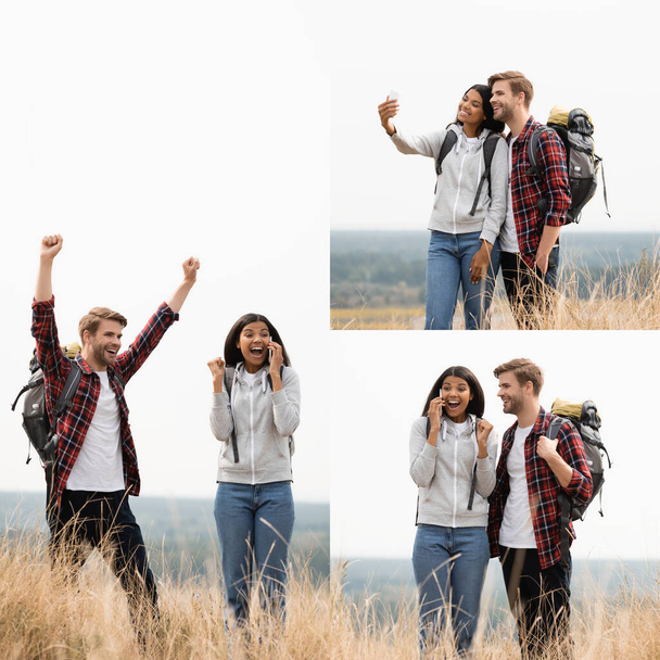 Collage of cheerful multiethnic couple talking on smartphone and taking selfie while hiking  - Foto, afbeelding