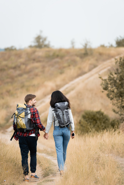 Back view of multiethnic couple with backpacks and smartphone holding hands while walking on path  - Fotografie, Obrázek