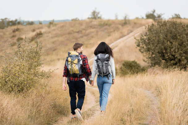 Back view of hikers with backpacks and smartphone holding hands while walking on path  - Fotó, kép