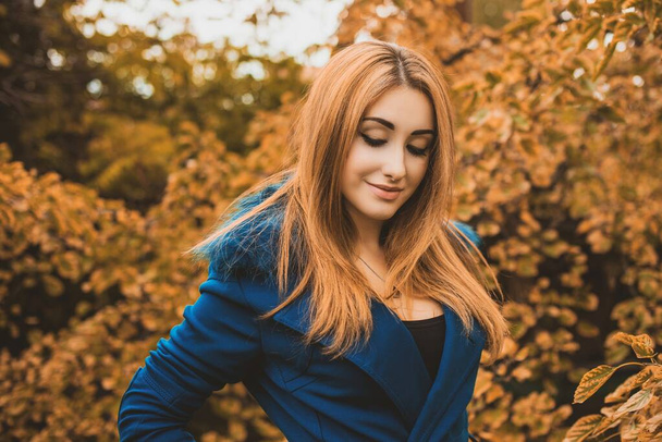 Tendencia de damas de otoño, maquillaje elegante y estilo de pelo. Retrato de mujer en tonos vintage. Señora de pelo rojo en abrigo de piel azul - Foto, imagen