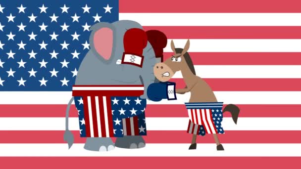 Elefante político y el boxeo burro ondeando fondo de la bandera americana - Imágenes, Vídeo