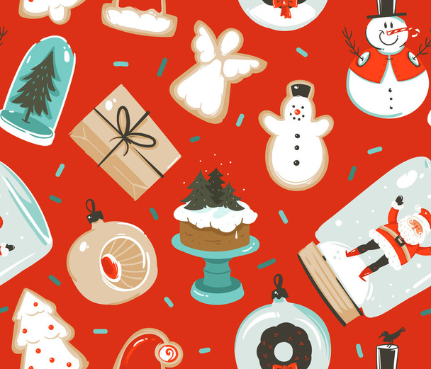Dibujado a mano vector abstracto divertido stock plana Feliz Navidad, y Feliz Año Nuevo tiempo de dibujos animados patrón festivo sin costuras con lindas ilustraciones de Navidad retro vintage juguetes aislados en el fondo de color - Vector, imagen