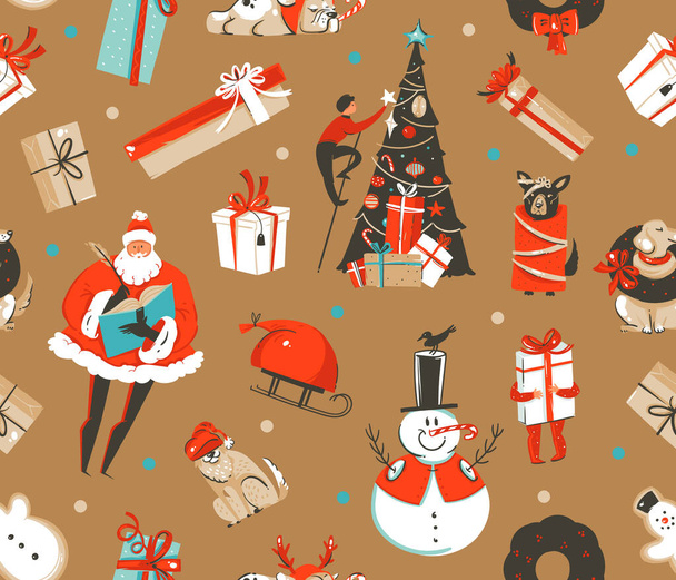 Ručně kreslené vektor abstraktní zábava stock byt Veselé Vánoce, a šťastný Nový rok čas karikatura slavnostní bezešvé vzor s roztomilými ilustracemi vánoční retro dárkové krabice izolované na barevném pozadí - Vektor, obrázek