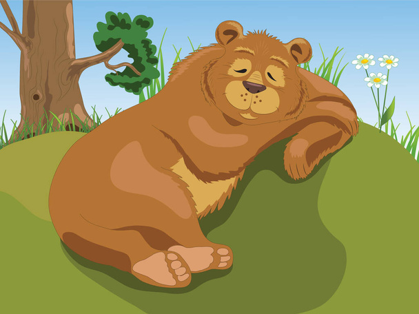 Un orso dorme dolcemente su una collina in estate sotto un albero. Buon orso bruno. - Vettoriali, immagini