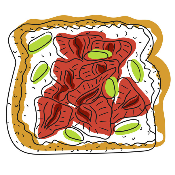 Tosty z serem mozzarella, truskawki, doodle pistacje na białym talerzu. Pyszne snack strony rysunku - Wektor, obraz