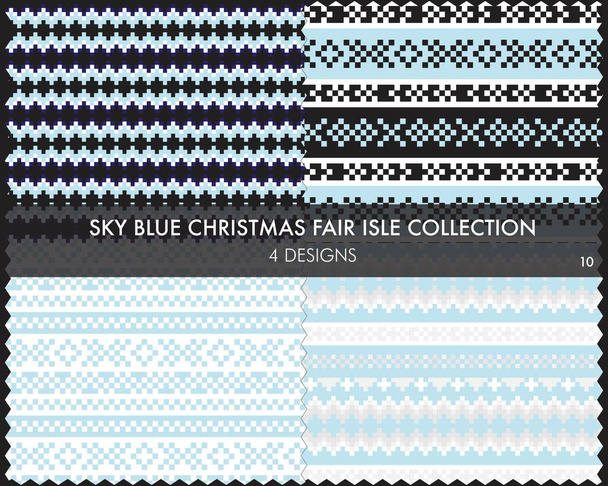 Sky Blue Christmas fair isle pattern collection includes 4 design swatches for fashion textiles, knitwear and graphics - Vector, Image