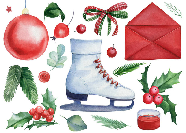 白い隔離された背景、水彩画の絵にクリスマスクリッパー。トウヒの枝、ホリー、キャンドル、スケート、封筒 - 写真・画像