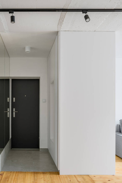 Simple white apartment corridor with mirror wall, black doors and concrete ceiling - Foto, immagini