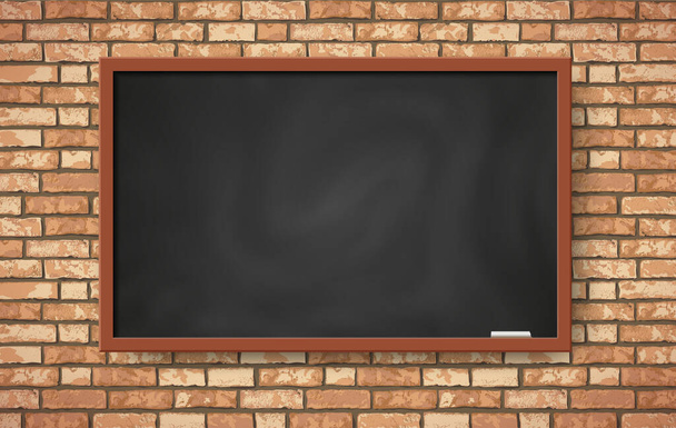 Vetor realista chalkboard preto vazio na parede de tijolo marrom. Sala de aula na moda plana com paisagem de quadro de classe ilustração interior para web, maquete de cartaz, exposição, fundo de design de classe escolar. - Vetor, Imagem