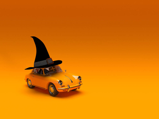 3Dレンダリング。オレンジの背景にオレンジのおもちゃの車の上に魔女の帽子。ハロウィンのテーマ - 写真・画像