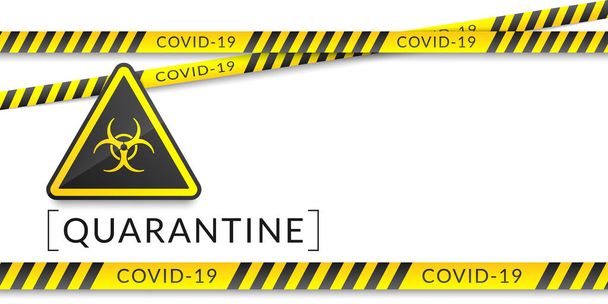 White banner of a coronavirus quarantine has a biohazard sign, yellow safety tapes, and copy space. Vector illustration, EPS 10. COVID-19 disease. - Вектор,изображение
