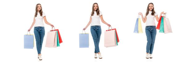 collage of joyful young woman holding shopping bags isolated on white - Foto, Bild