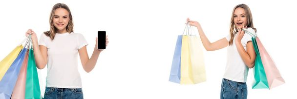 白い画面で隔絶されたショッピングバッグやスマートフォンを持つ幸せな若い女性のコラージュ - 写真・画像