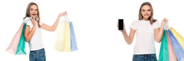 collage van opgewonden jonge vrouw met boodschappentassen en smartphone met blanco scherm geïsoleerd op wit - Foto, afbeelding