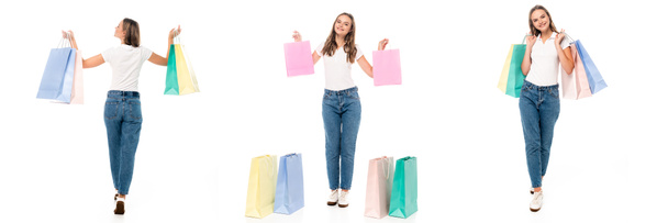 collage de mujer emocionada de pie con bolsas de compras y caminando aislado en blanco - Foto, Imagen