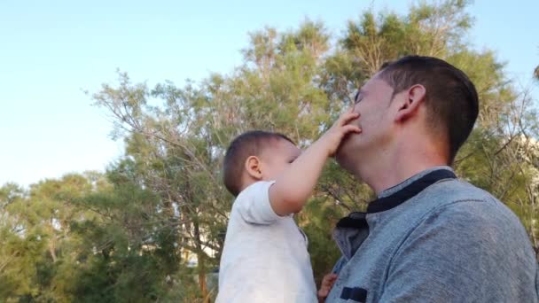 Un giovane padre caucasico che tiene in braccio suo figlio. Bambino toccando il volto di suo padre ed entrambi facendo facce divertenti - Filmati, video