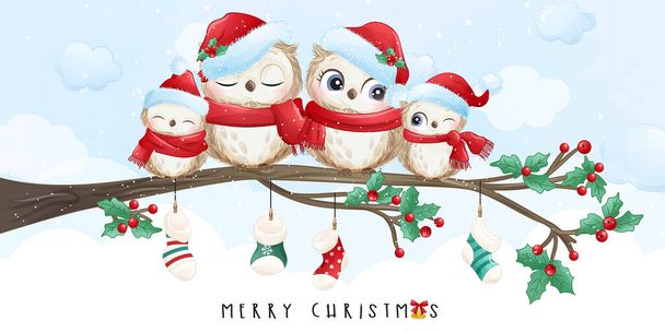 Suluboya resimli Noel günü için sevimli karalama baykuşu - Vektör, Görsel