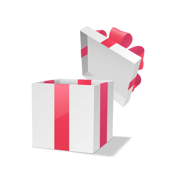 La caja de regalo abierta blanca con cintas rojas está aislada sobre un fondo blanco. La ilustración vectorial para muchas fiestas y eventos diferentes. - Vector, imagen