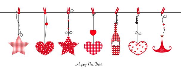 Felice anno nuovo biglietto di auguri con cuore appeso, stelle e sfondo vettore bottiglia di vino - Vettoriali, immagini