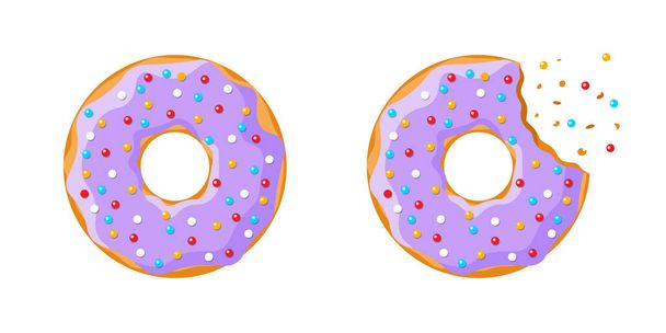 Tekenfilm kleurrijke smakelijke donut geheel en gebeten set geïsoleerd op witte achtergrond. Paars geglazuurde donut bovenaanzicht voor taart cafe decoratie of bakkerij menu ontwerp. Vector platte illustratie - Vector, afbeelding