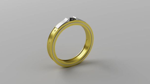 Nahaufnahme 3D-Darstellung eines Goldrings mit Platin-Designs und schwarzem Diamanten auf weißem Hintergrund - Foto, Bild