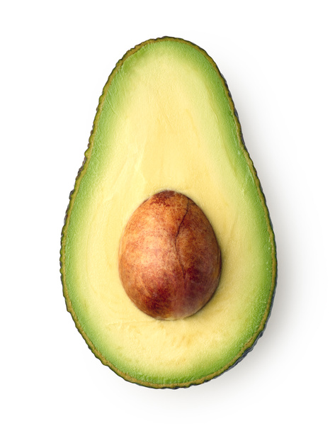 Die Hälfte der frischen reifen Avocado isoliert auf weißem Hintergrund, Draufsicht - Foto, Bild