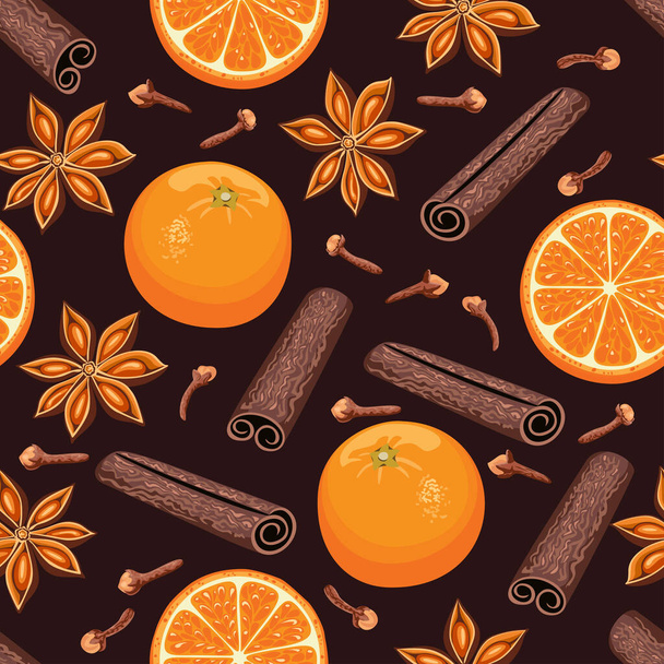Seamless pattern with mulled wine ingredients on dark background. Orange whole and slice, cinnamon stick, star anise, cloves. Christmas drink. Vector illustration of spices in cartoon flat style. - Vektor, obrázek