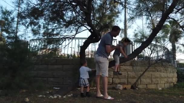Πατέρας και γιοι παίζουν στο πάρκο. Ο πατέρας μαθαίνει στο γιο να σκαρφαλώνει στο δέντρο. Μωρό παίζει με φλοιό δέντρου - Πλάνα, βίντεο