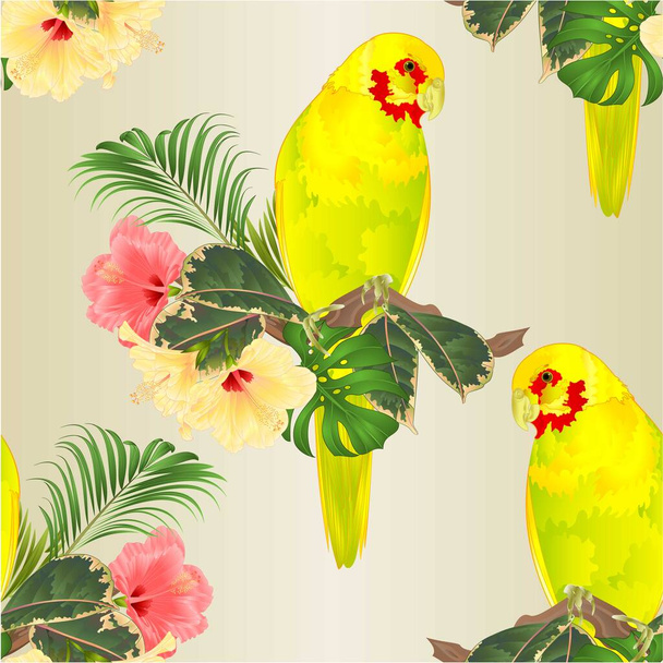 黄色の鳥のシームレスなテクスチャのオウムインドのリングネック熱帯の花ハイビスカス、ヤシの枝に黄色のオウムのアレキサンダー、白い背景のヴィンテージベクトル図編集可能な手描き - ベクター画像