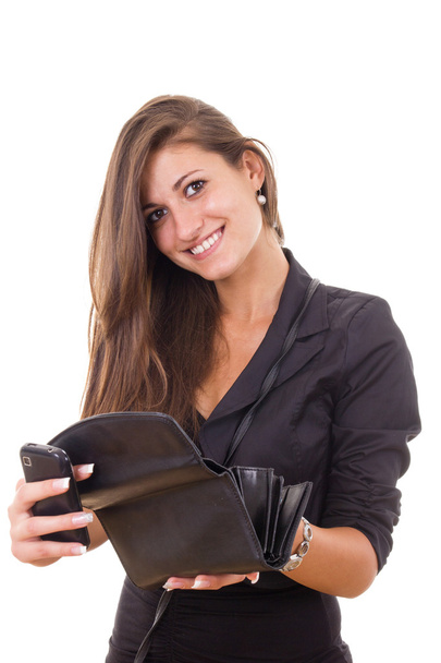 erfolgreiche unverantwortliche reiche Geschäftsfrau mit Brieftasche und m - Foto, Bild