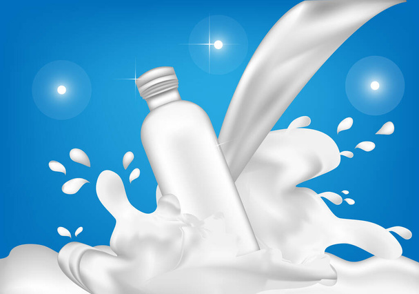 Glass bottle shape products and pouring milk into the side of the bottle to create a diffusion of water. - Vector, Image