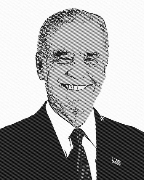 Ілюстрований портрет Джо Байдена вінтажного стилю в піксельованому чорно-білому, старомодний міні-стилі, старомодний tv set. Ілюстрація, малюнок - Фото, зображення