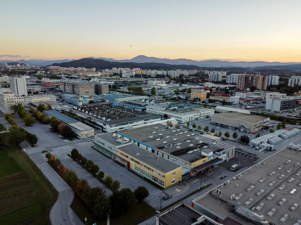 Evening industrial zone district drone aerial view - 写真・画像