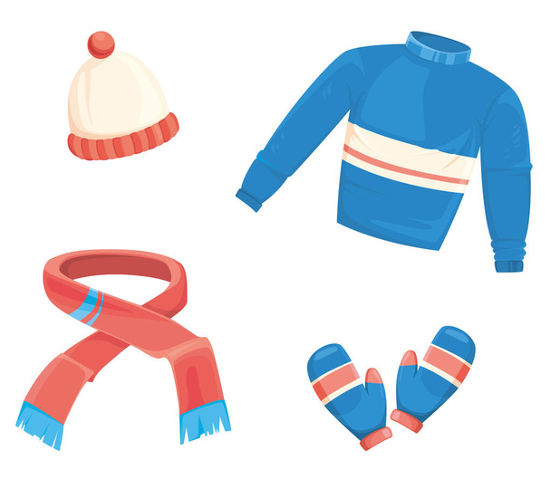  Set di vestiti invernali. Cappello, sciarpa, guanti e maglione in stile cartone animato. - Vettoriali, immagini