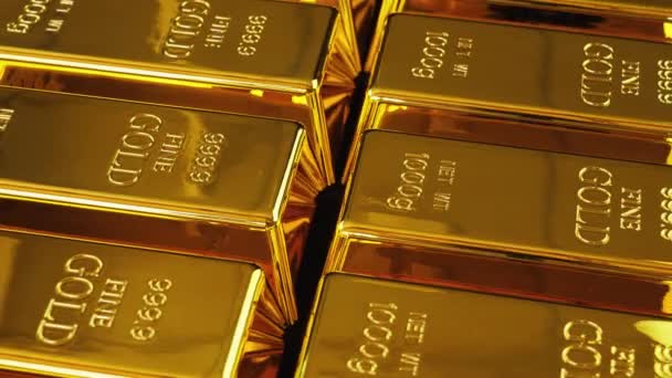 Aranyrúd vagy ingot. Stacked arany aranyrudak alacsony látószögű. - Felvétel, videó