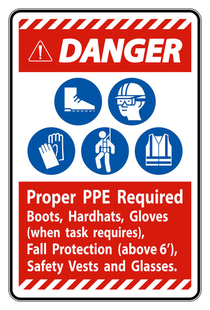 Danger Sign Proper PPE Required Boots, Hardhats, Gloves When Task Requires Fall Protection With PPE Symbols  - Vector, Image