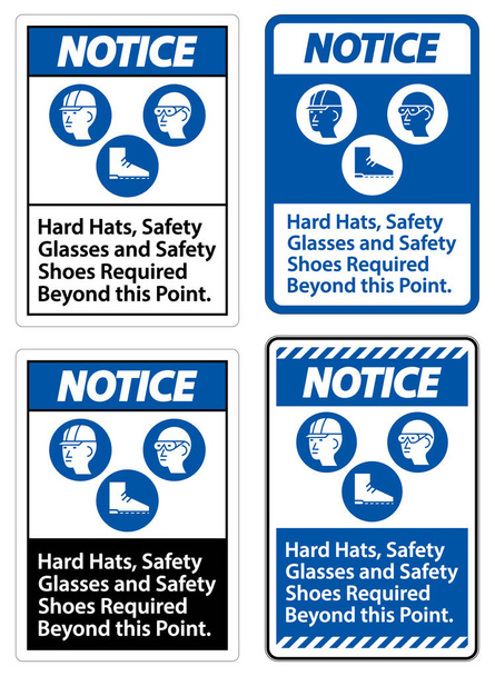 Знак уведомления Жесткие шляпы, очки безопасности и обувь безопасности требуется за этот момент с СИЗ символом  - Вектор,изображение