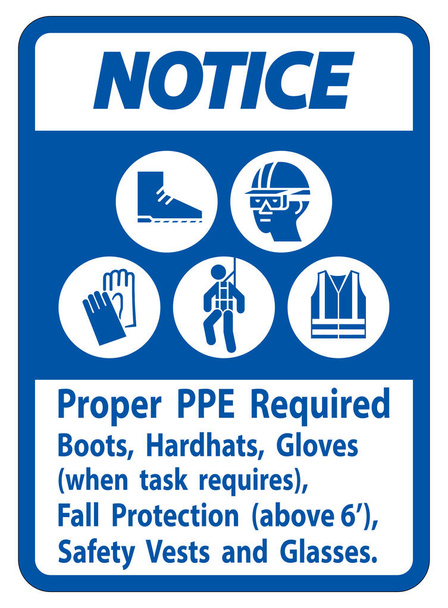 Notice Sign Proper PPE Required Boots, Hardhats, Gloves When Task Requires Fall Protection With PPE Symbols  - Vector, Image