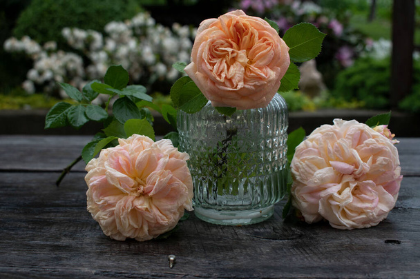 Drei zarte Rosen auf einem rustikalen Holztisch, einer Glasvase. Gartenparty - Foto, Bild