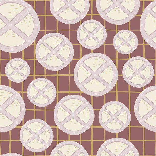 Seamless random pattern with circle wood shield ornament. Light pastel ancient print on pale maroon chequered background. Designed for fabric design, textile, wrapping, cover. Vector illustration. - Vector, Image