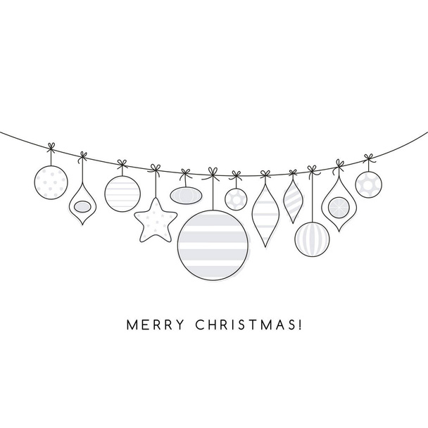 hand drawn sketchy style glass balls garland monochrome festive winter holiday decorative greeting card vector centerpiece illustration with Merry Christmas wishes isolated on white background - Vector, afbeelding