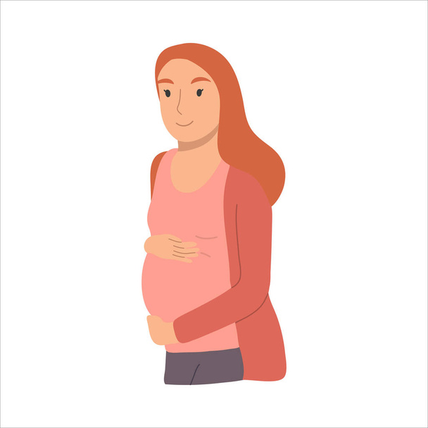 Улыбающаяся беременная рыжая женщина ждет рождения ребенка. Счастливого периода беременности. Векторная ручная иллюстрация на белом фоне. - Вектор,изображение
