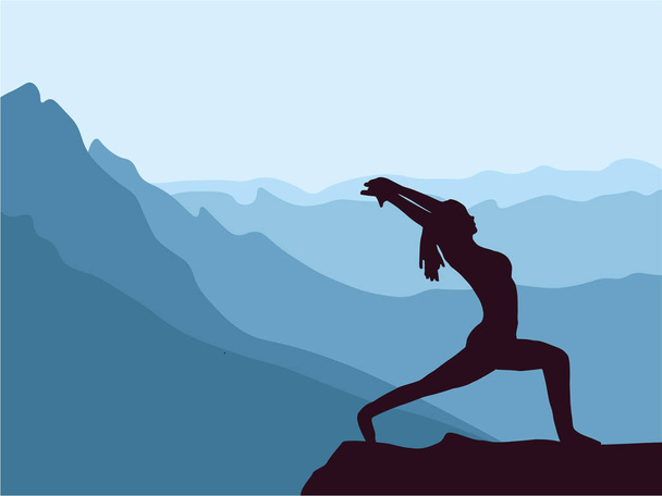 Silhouette de fille pratiquant le yoga. Montagnes bleues en arrière-plan. Mode de vie sain. - Vecteur, image