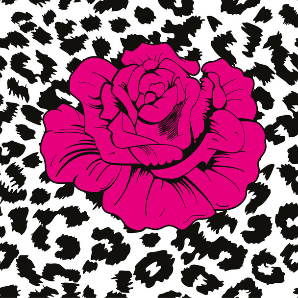 Ilustración vectorial de una flor rosa sobre un fondo animal impreso. Diseño natural de patrón sin costuras. - Vector, Imagen