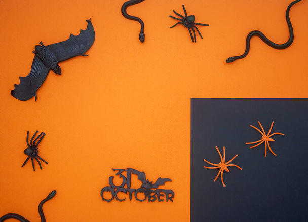 Хеллоуїн плоский лежав з павуками, зміями і кажанами на помаранчевому фоні, порожній простір, текст " 31 жовтня
". - Фото, зображення
