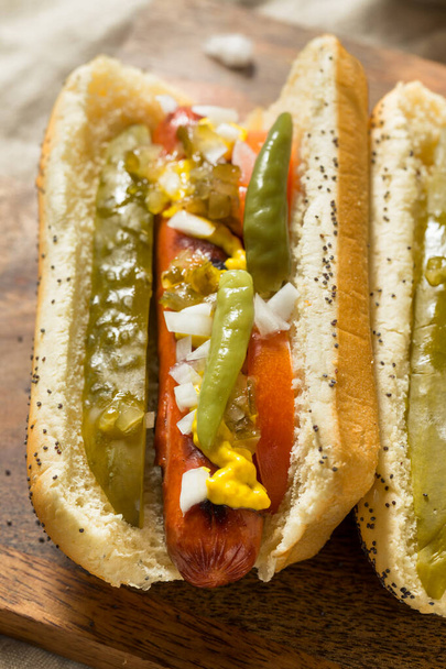 Homemade Chicago Style Hot Dogs with Mustard Relish Onion and PIckle - Φωτογραφία, εικόνα