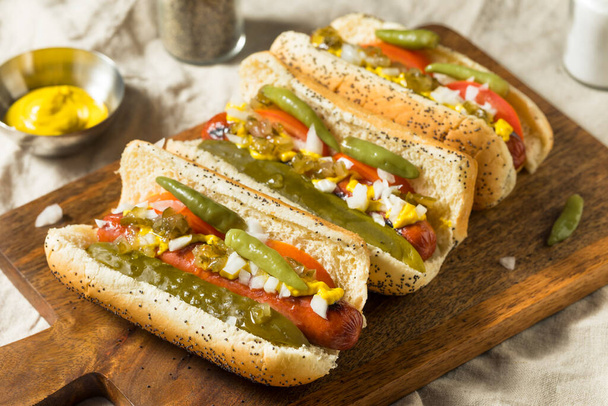 Homemade Chicago Style Hot Dogs with Mustard Relish Onion and PIckle - 写真・画像