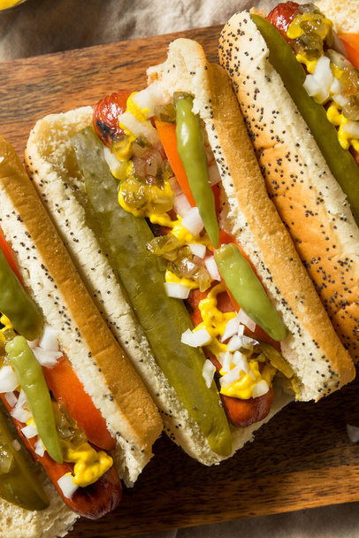 Homemade Chicago Style Hot Dogs with Mustard Relish Onion and PIckle - Photo, Image