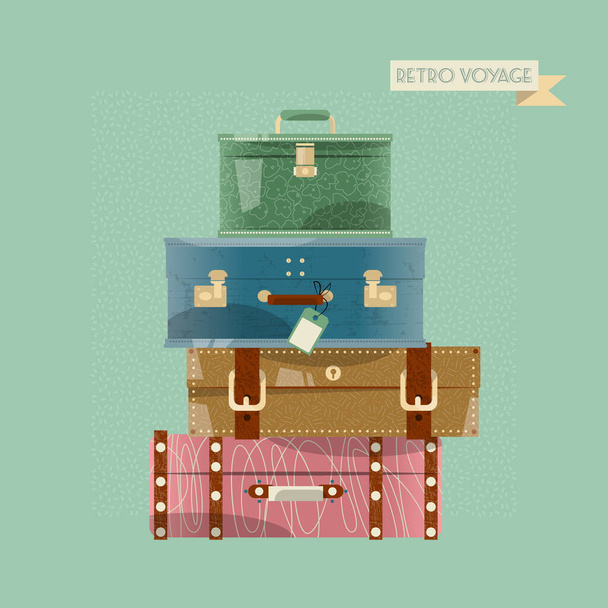 Egy halom boros bőrönd. Bon Voyage kártya, retro stílusban. Vektorillusztráció. - Vektor, kép